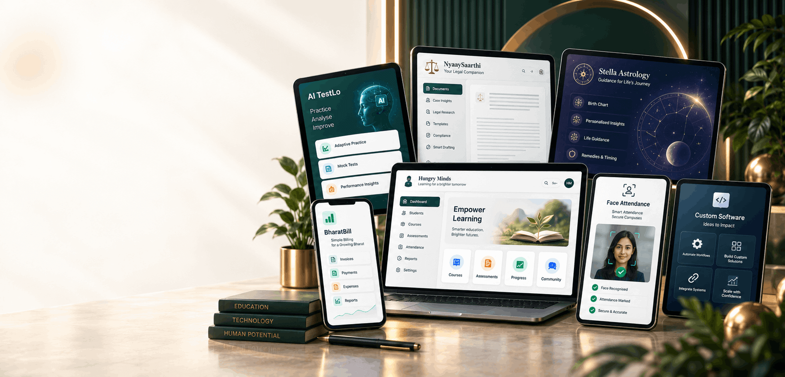Hungry Minds product ecosystem — education, legal, astrology, billing and AI